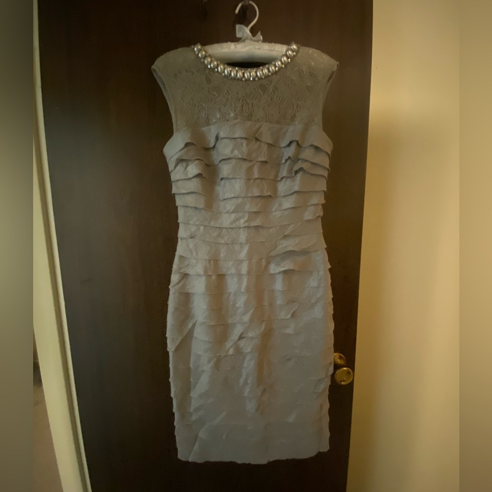 London Times Silver Formal Dress with Pearl and Gemstone Collar